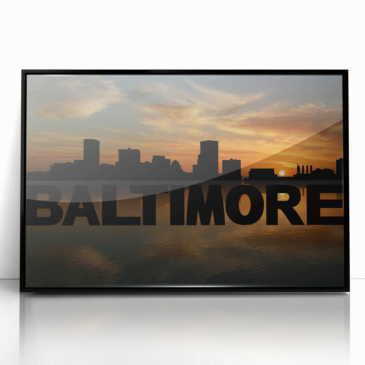 Large abstract wall art of Baltimore skyline in muted gray and blue tones on a framed acrylic, ideal for modern office decor.