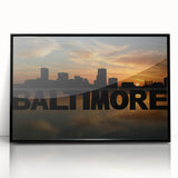 Large abstract wall art of Baltimore skyline in muted gray and blue tones on a framed acrylic, ideal for modern office decor.