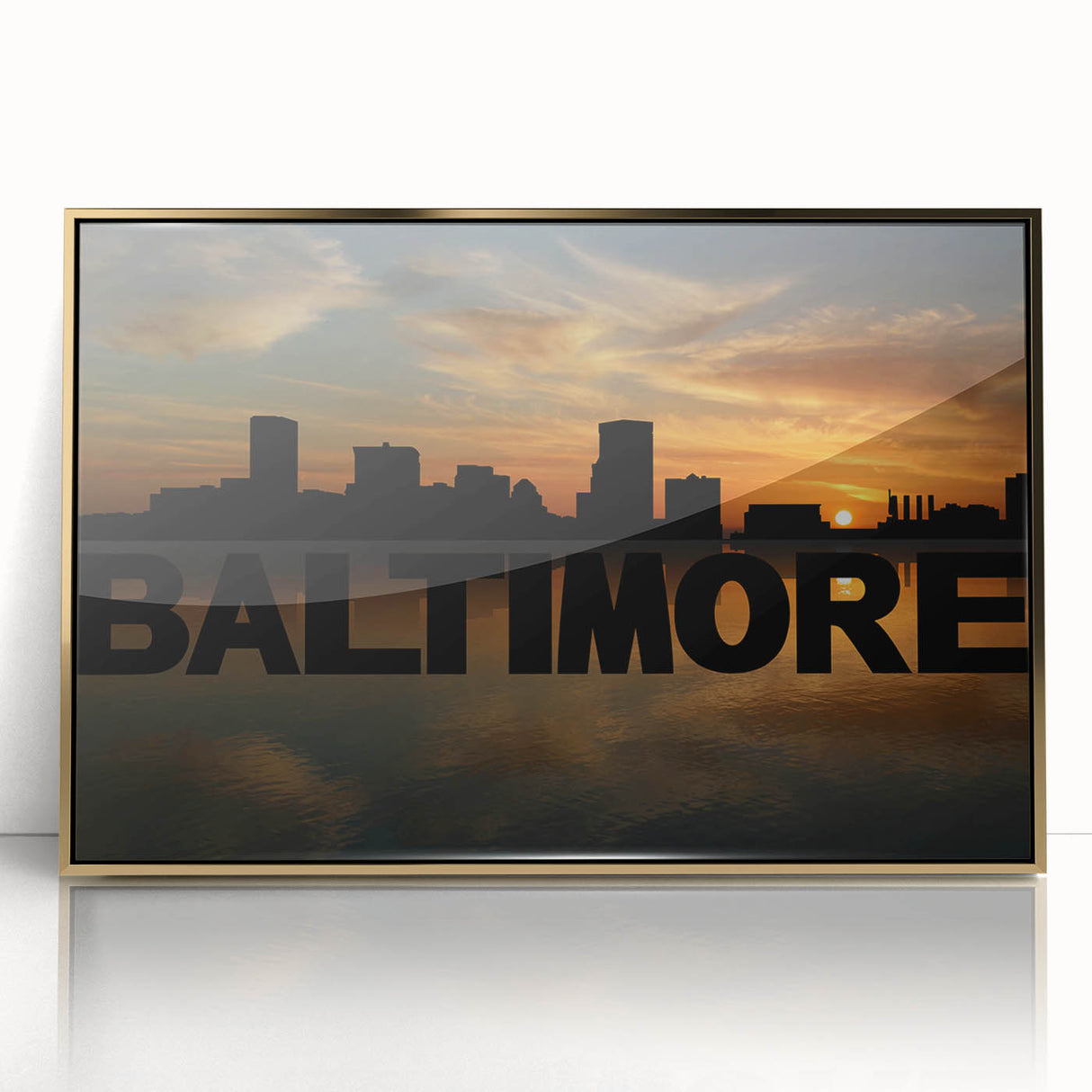 Acrylic print of Baltimore skyline in gold and blue tones, framed in mid-century modernist style.
