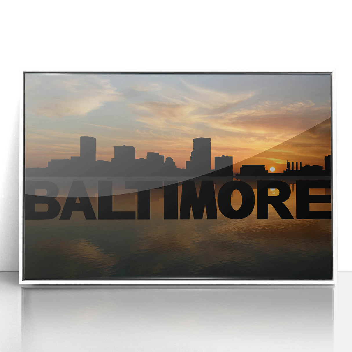 Acrylic print of Baltimore skyline in art deco style with muted gray and blue tones, ideal for modern art wall decor.