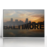 Acrylic print of Baltimore skyline in art deco style with muted gray and blue tones, ideal for modern art wall decor.