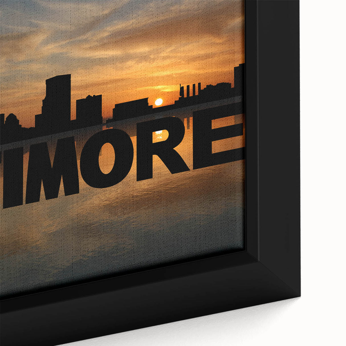 Extra large framed canvas featuring a textured depiction of the Baltimore skyline in black with colorful accents.