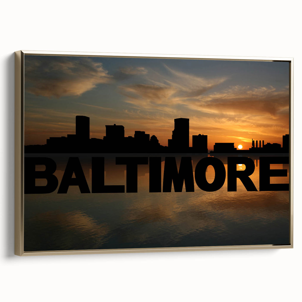 Framed canvas of Baltimore landscape in vintage poster style, with black and gold tones, ideal for bedroom wall art.