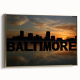 Framed canvas of Baltimore landscape in vintage poster style, with black and gold tones, ideal for bedroom wall art.