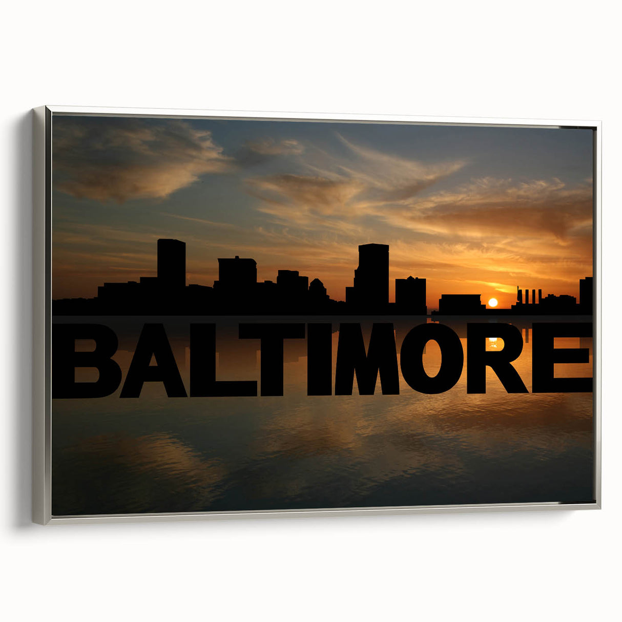 Framed canvas featuring a colorful Baltimore landscape with vintage poster art style, ideal for living room decor.