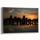 Framed canvas featuring a colorful Baltimore landscape with vintage poster art style, ideal for living room decor.
