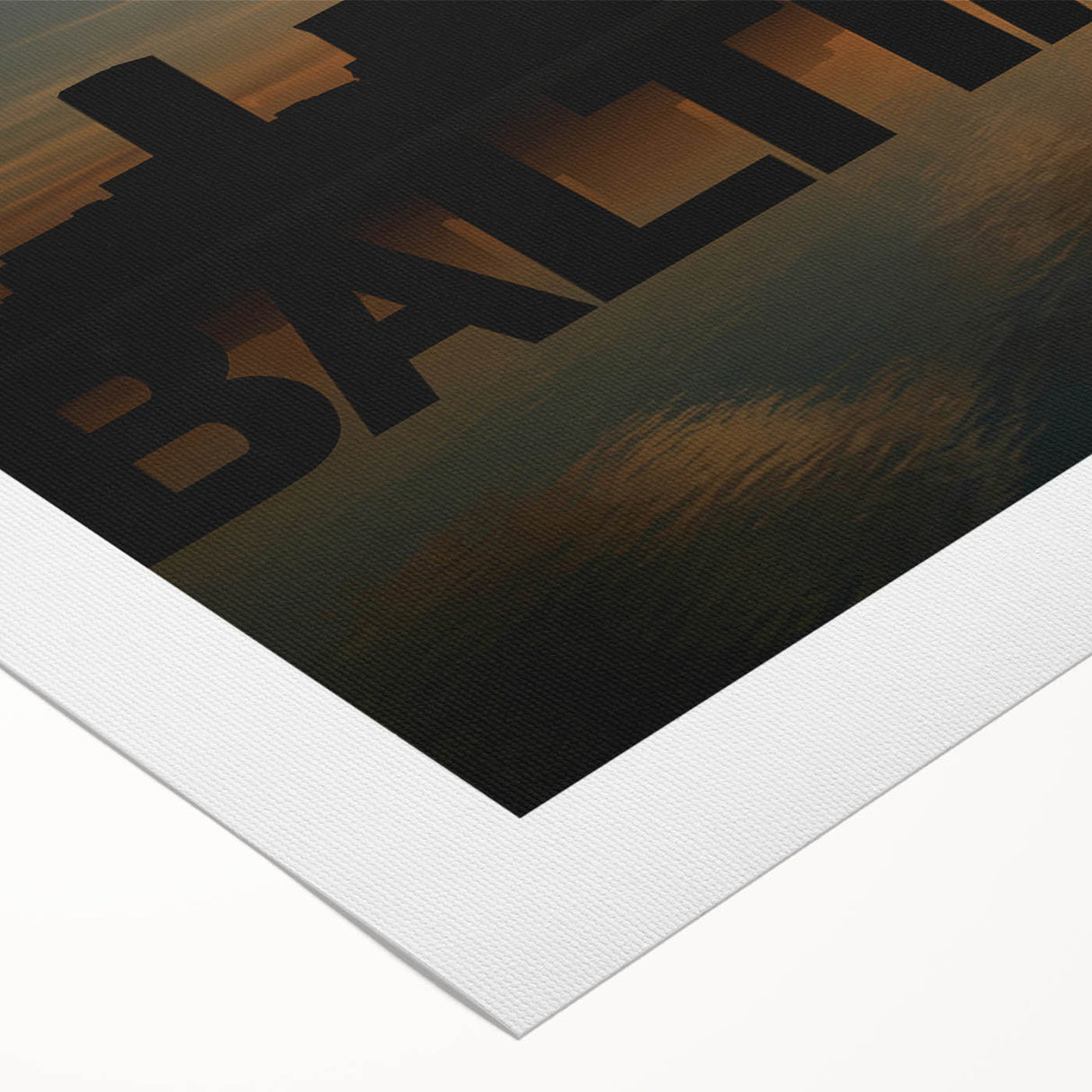 Art deco poster of Baltimore skyline in muted gold and navy hues on rolled canvas, suitable for dining room wall art.