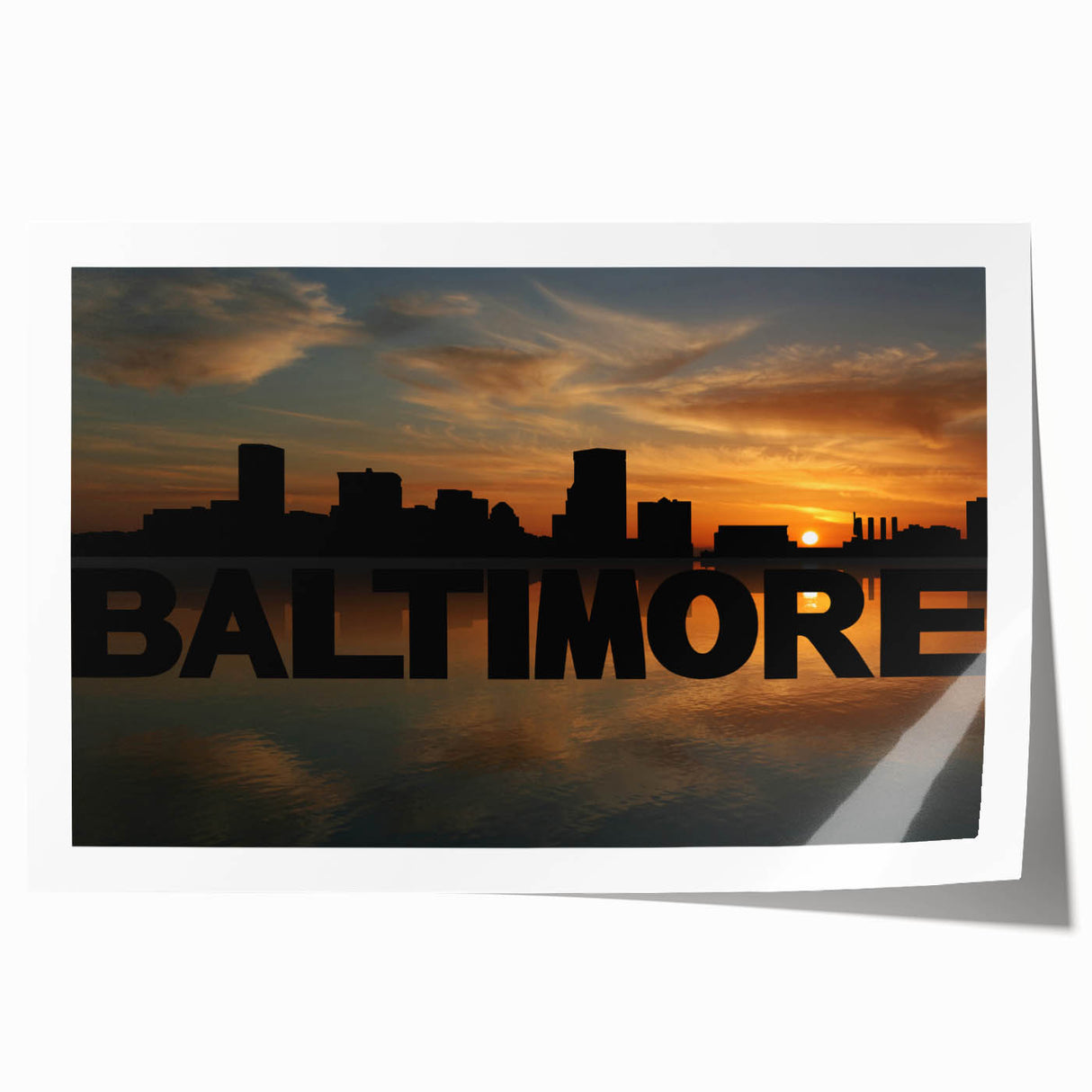 Rolled print of Baltimore skyline with muted blue and gray tones, ideal for art wall dining room.