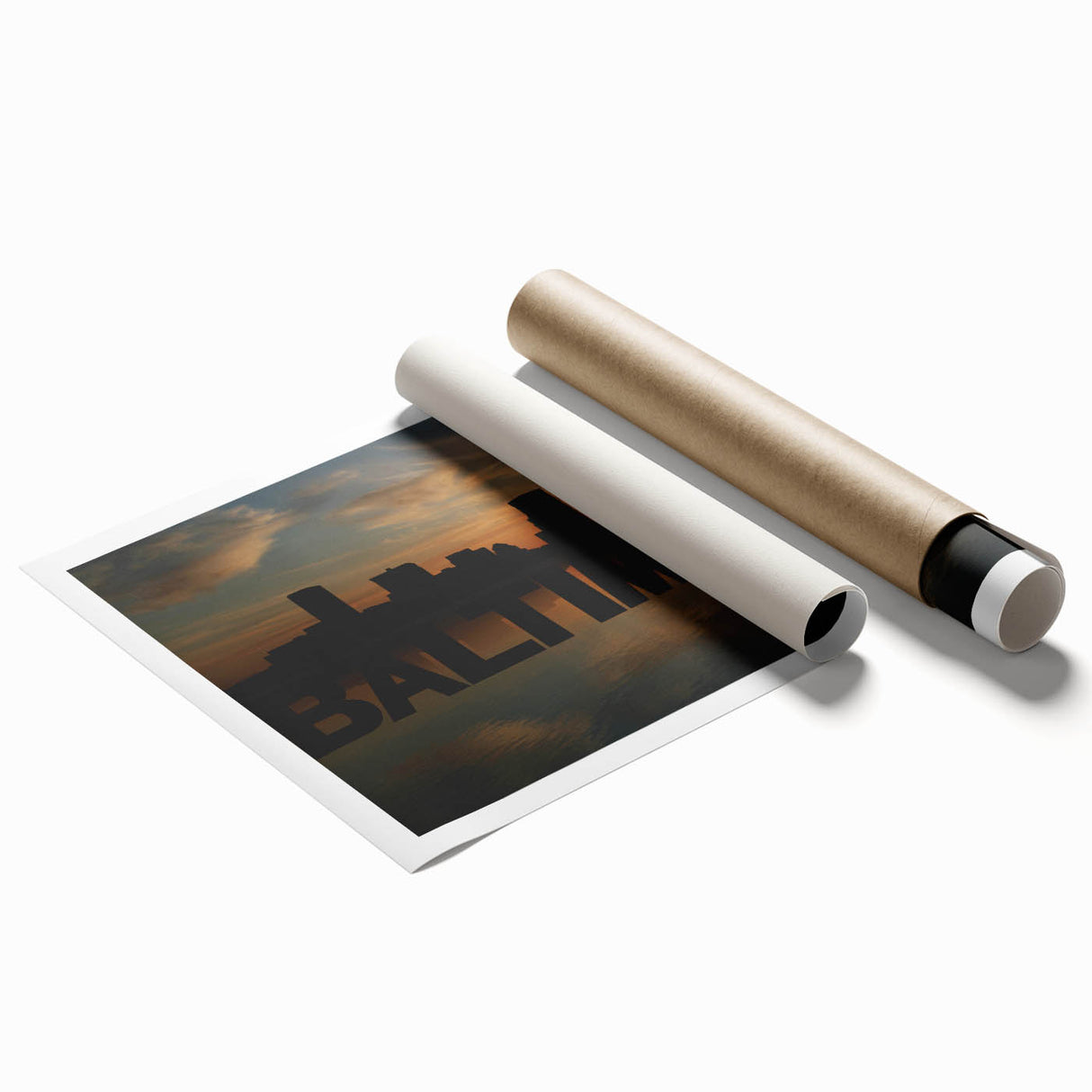 Extra large rolled print of Baltimore scenery with floral accents in pastel shades, ideal for classy bathroom wall art.