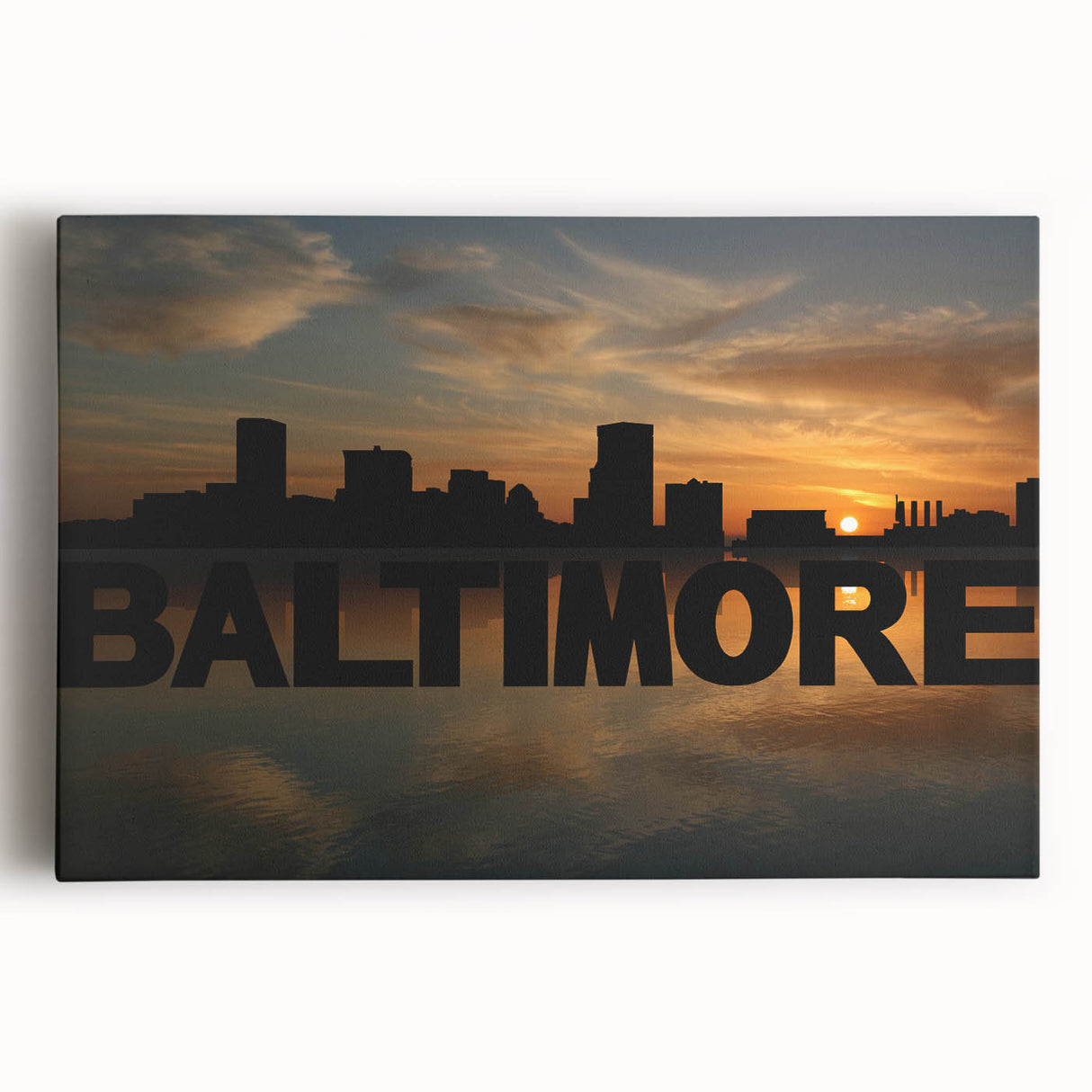Black and white photo of Baltimore skyline on large stretched canvas, suitable for kitchen wall art.