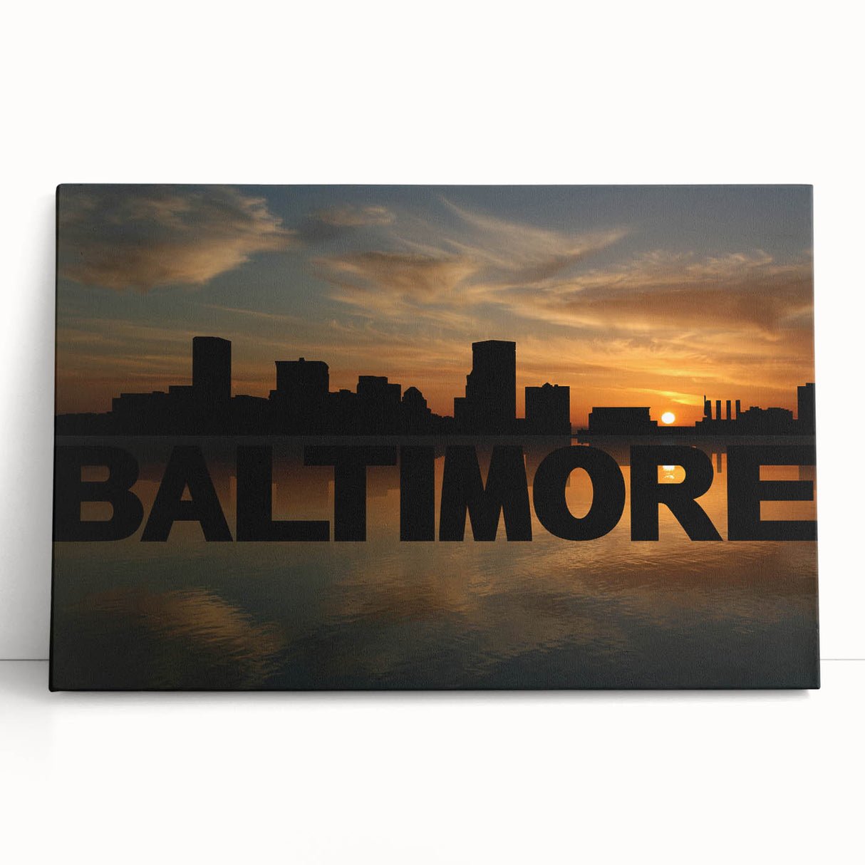 Black and white photo of Baltimore skyline on large stretched canvas, suitable for kitchen wall art or bedroom decor.