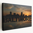 Large art depicting the Baltimore skyline in muted gray and blue tones on stretched canvas, ideal for kitchen wall art.