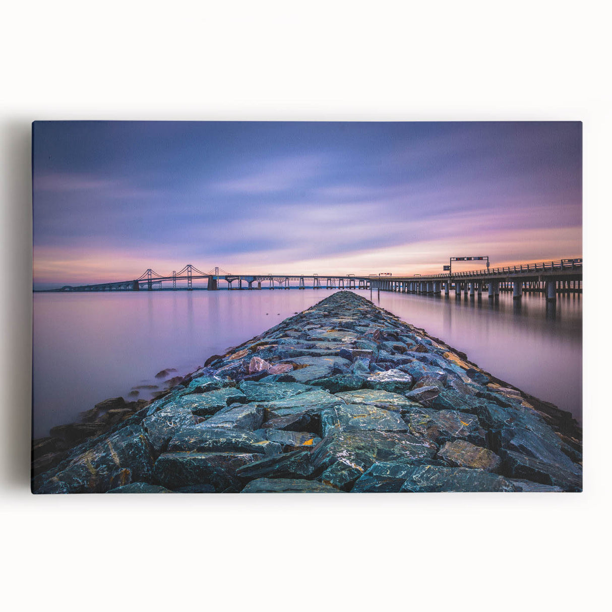 Black and white photograph of the Chesapeake Bay on stretched canvas, ideal for kitchen wall art.