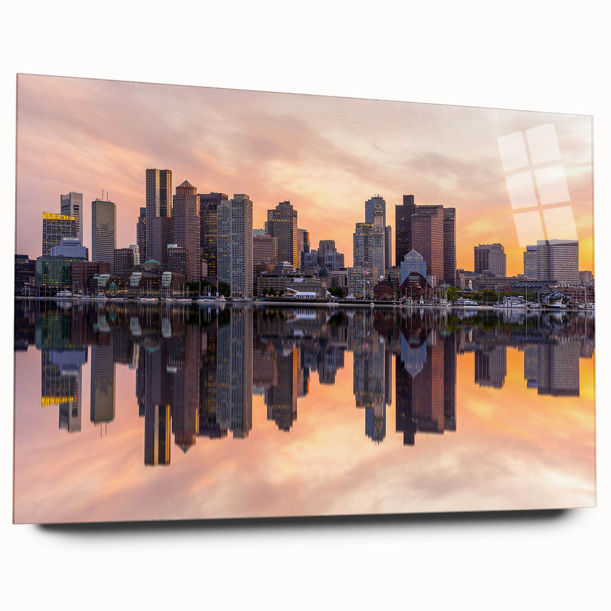 Acrylic print of a large abstract depiction of the Boston skyline in cool blue and gray tones.
