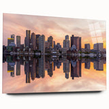 Acrylic print of a large abstract depiction of the Boston skyline in cool blue and gray tones.
