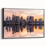 Black and white framed canvas of Boston skyline, ideal for bedroom wall decor.