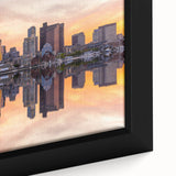 Framed canvas of a textured Boston skyline in black with colorful accents, ideal for large living room decor.
