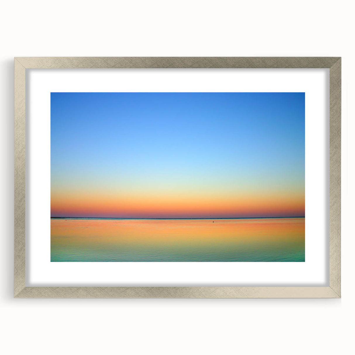 Textured abstract art print of Massachusetts Cape scenery in muted colors on a framed silver mat, ideal for bedroom art.