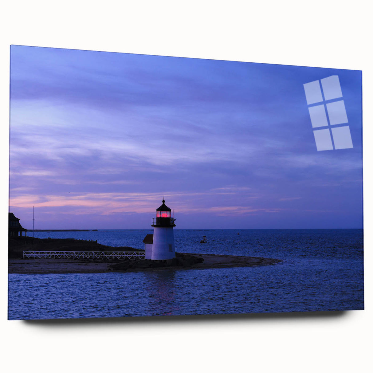 Acrylic print of a serene Nantucket landscape in soft blue and green hues, ideal for bedroom or dining room art.
