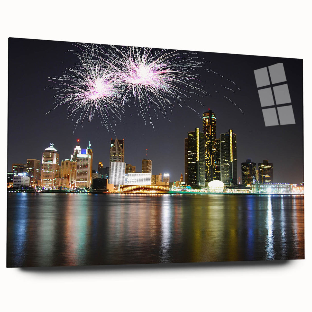 Acrylic print of a large abstract depiction of Detroit skyline in cool blue and gray tones.