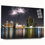 Acrylic print of a large abstract depiction of Detroit skyline in cool blue and gray tones.