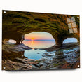 Acrylic glass wall art depicting a serene Michigan Upper Peninsula landscape, in muted green and blue tones.