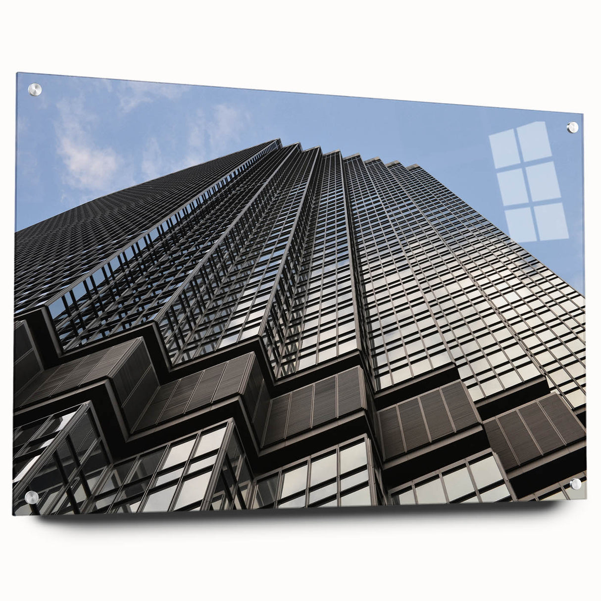 Acrylic print of the Minneapolis skyline in muted blue and gray tones, suitable for bedroom or dining room decor.