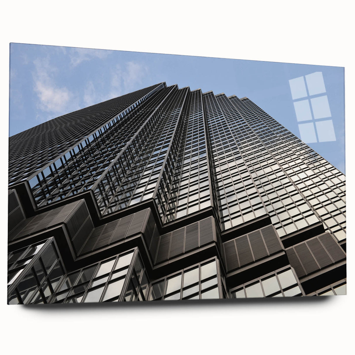 Large abstract depiction of Minneapolis skyline in muted blues on acrylic glass, ideal for bedroom or dining room art.