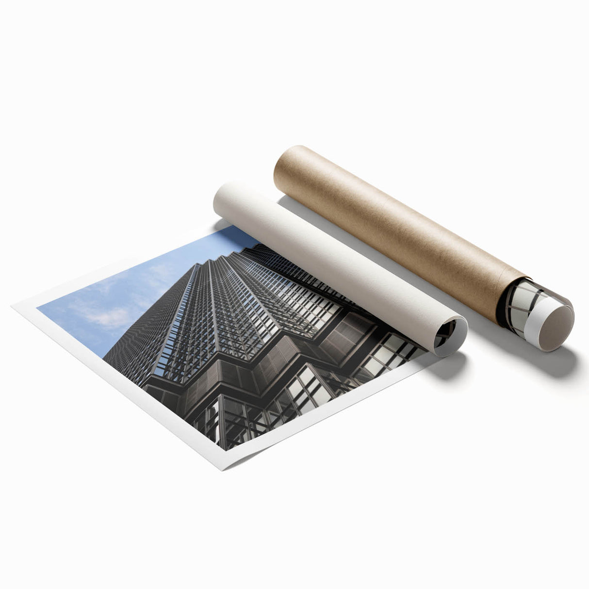Extra large wall art featuring the Minneapolis skyline with muted green and blue tones on a rolled canvas.