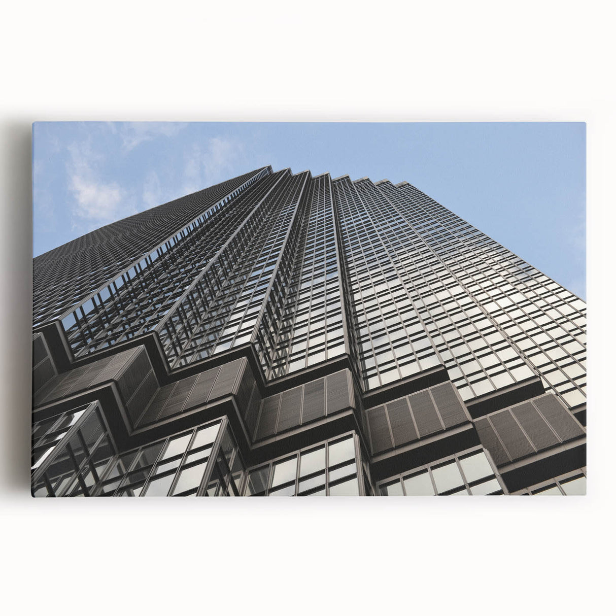 Black and white stretched canvas of Minneapolis skyline, ideal for kitchen wall art.