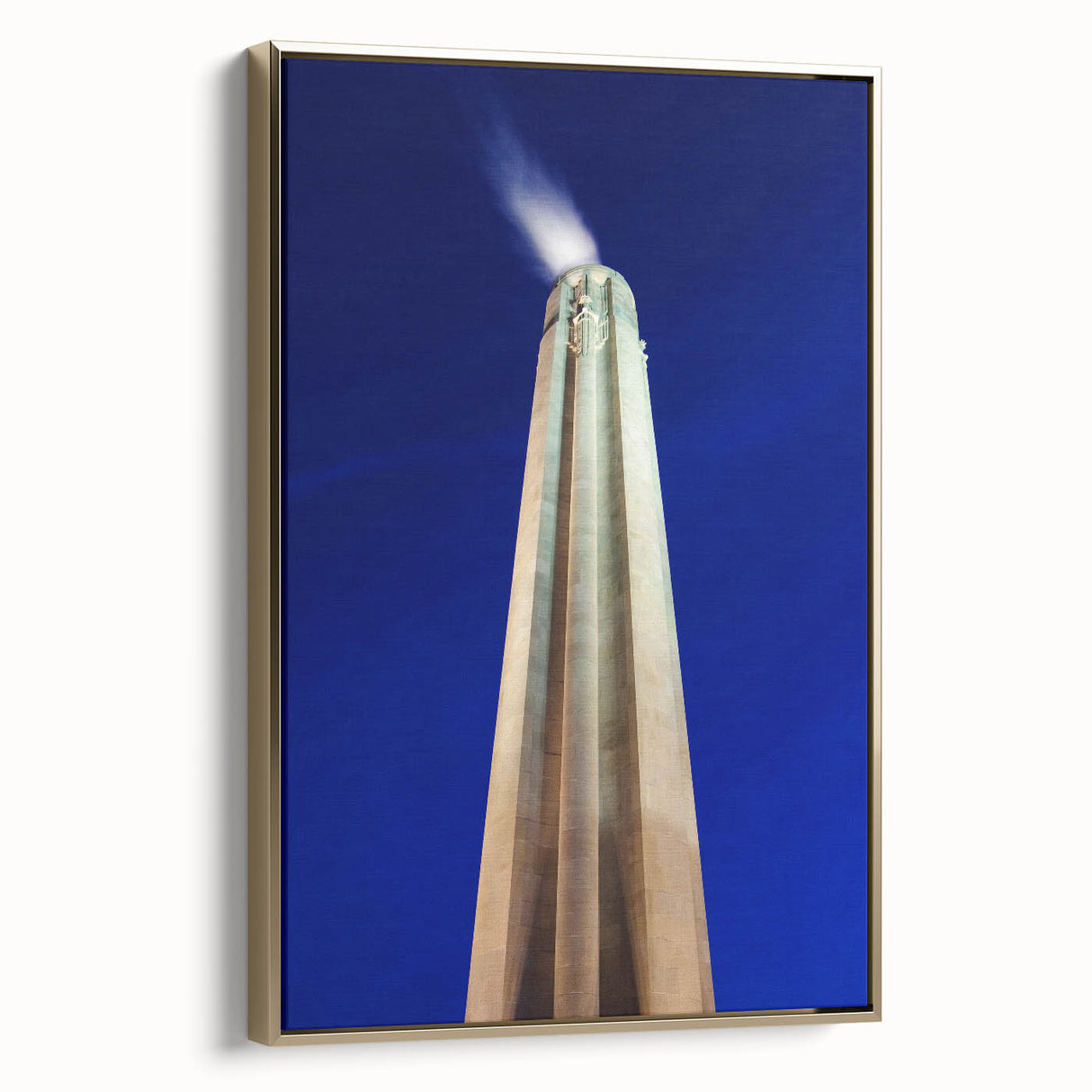 Framed canvas depicting a vintage landscape painting of Kansas City, utilizing a black and gold color scheme.