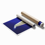 Extra large rolled print of Kansas City skyline with muted blue and gray tones, ideal for classy bathroom wall art.