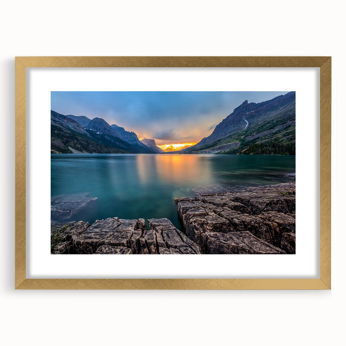 Extra large abstract art print of Montana Glacier scenery in gold frame, ideal for living room wall.