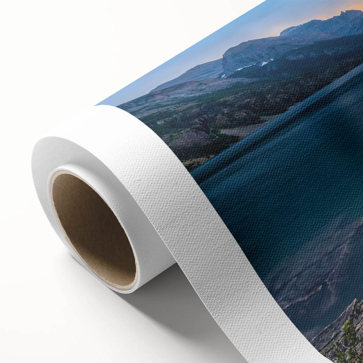Art deco poster of Montana's Glacier Park in muted green and blue tones on rolled canvas, ideal for nursery wall art.