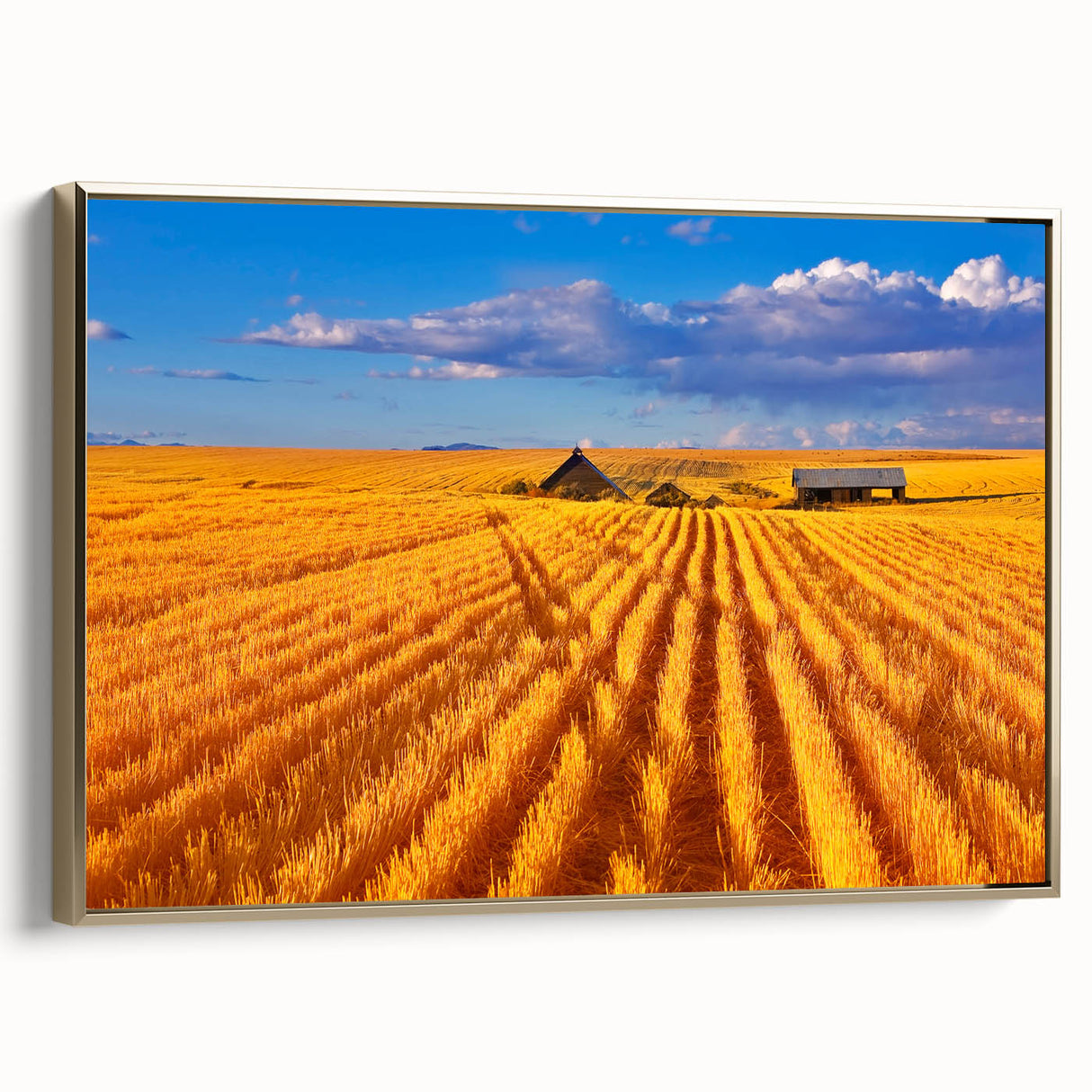 Framed canvas depicting a vintage-style Montana landscape in muted gold and black tones, ideal for bedroom wall art.