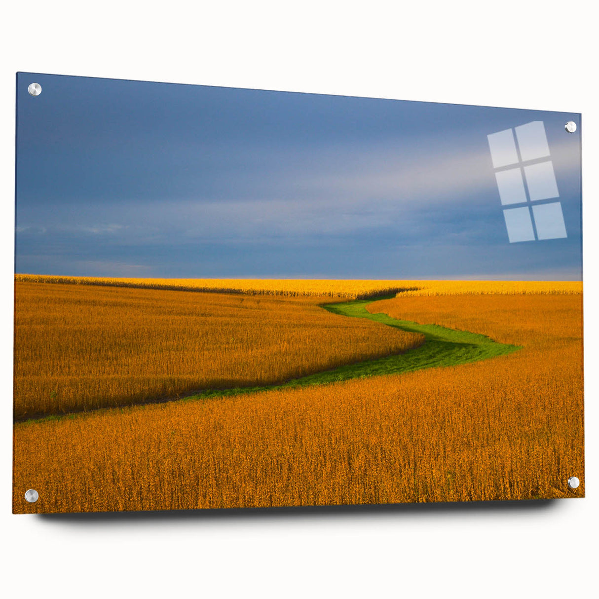 Acrylic print of a large abstract depiction of Nebraska scenery in muted earth tones, ideal for dining room art.