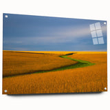 Acrylic print of a large abstract depiction of Nebraska scenery in muted earth tones, ideal for dining room art.