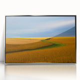 Mid-century modernist art depicting Nebraska scenery in muted earth tones, silver-framed acrylic print.