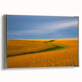 Framed canvas of a vintage-style Nebraska landscape painting with colorful art on a black background.