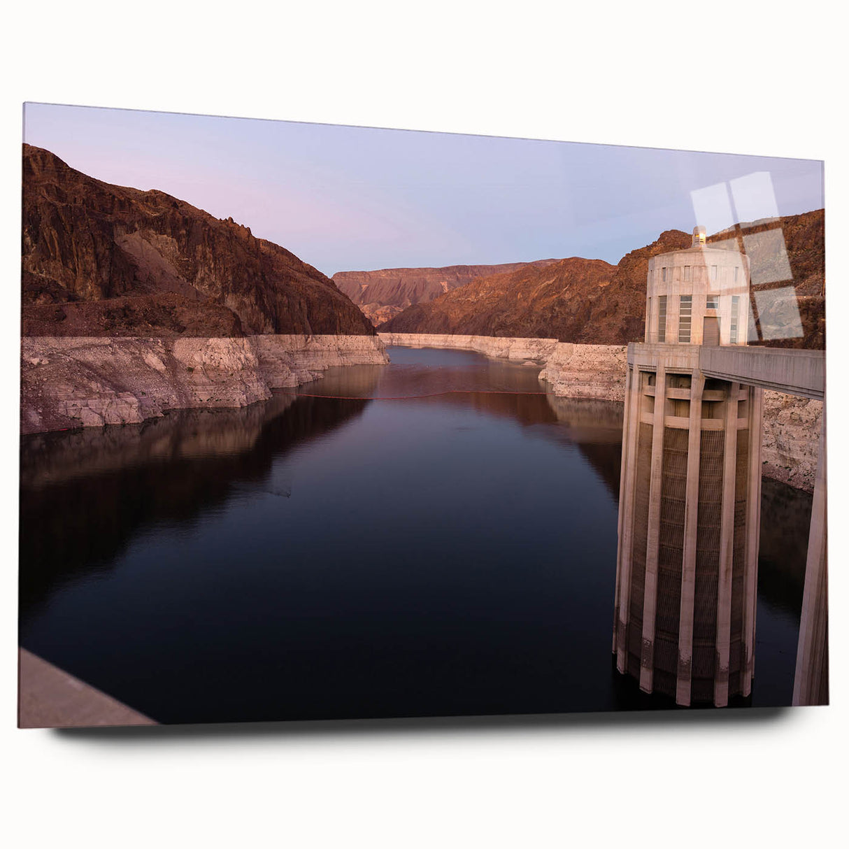 Acrylic print of the Hoover Dam in muted gray and blue tones, ideal for modern bedroom or dining room decor.