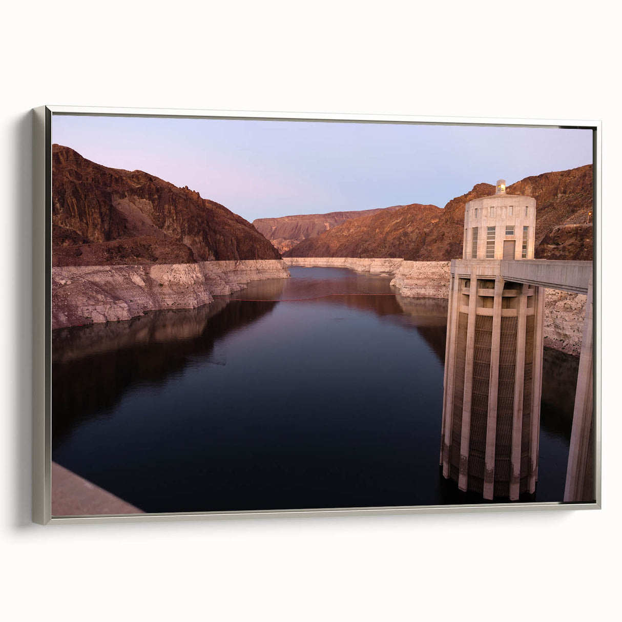 Framed canvas landscape art painting of Hoover Dam in muted silver and black tones, ideal for office decor.