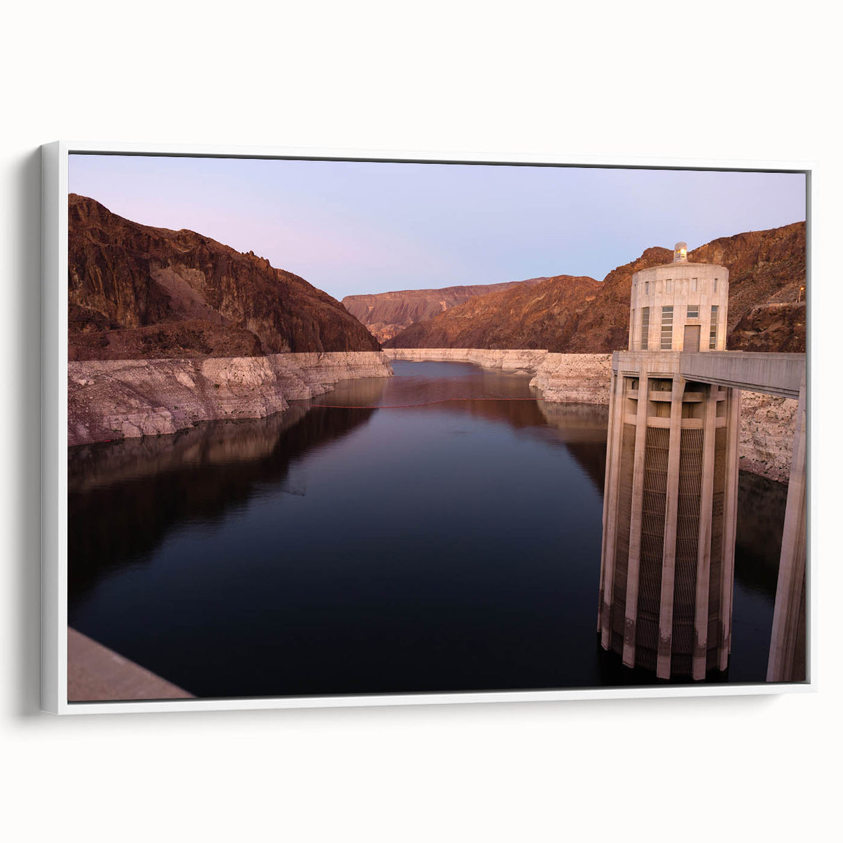 Framed canvas of a vintage poster art depicting Hoover Dam in colorful tones, ideal for large living room walls.