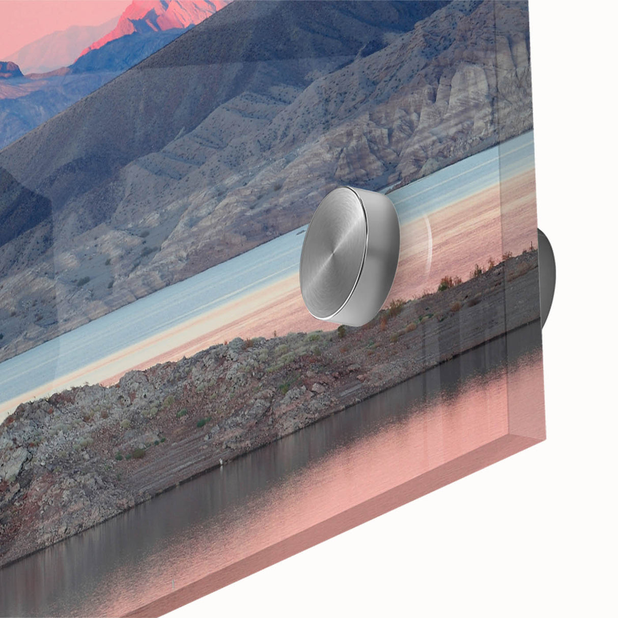 Large abstract depiction of Lake Mead in muted blue and green tones on acrylic glass.