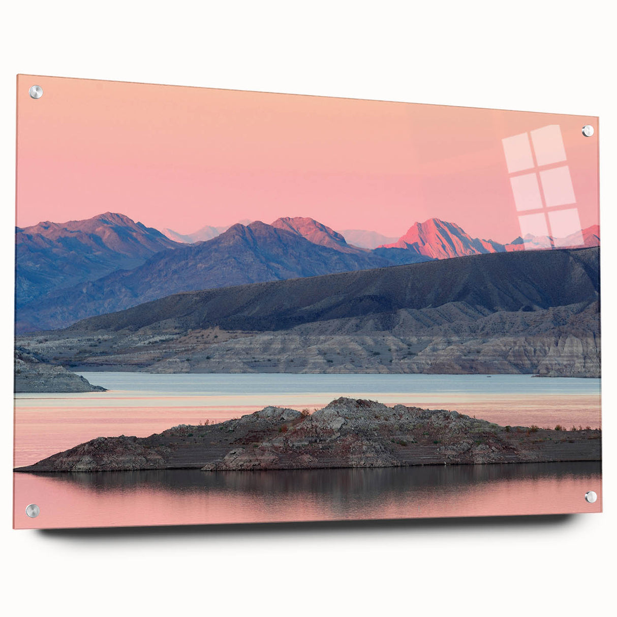 Acrylic print of Lake Mead with vibrant blues and greens, ideal for bedroom or dining room decor.