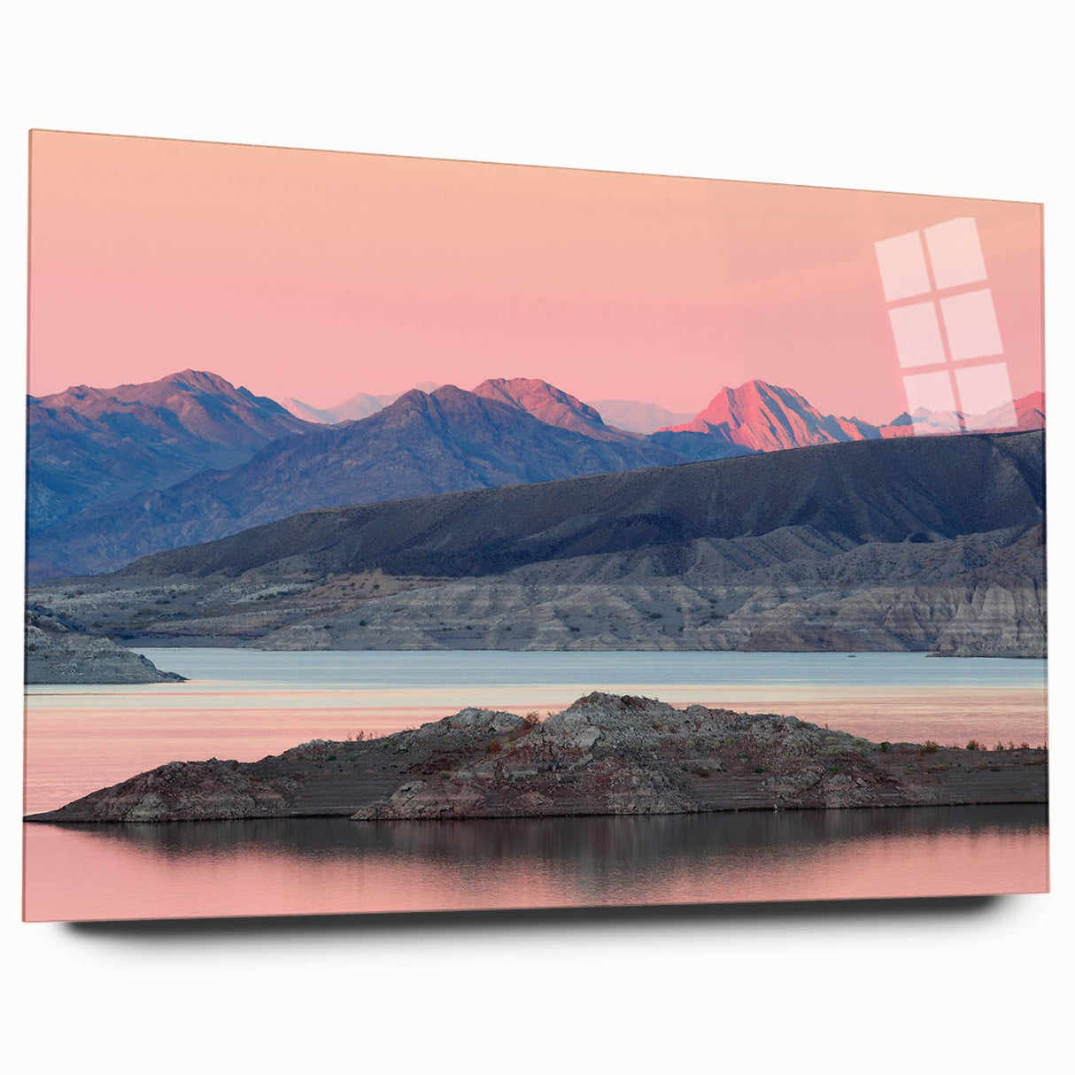 Acrylic print of Lake Mead with a large abstract design in cool blues and greens, suitable for bedroom or dining room art.
