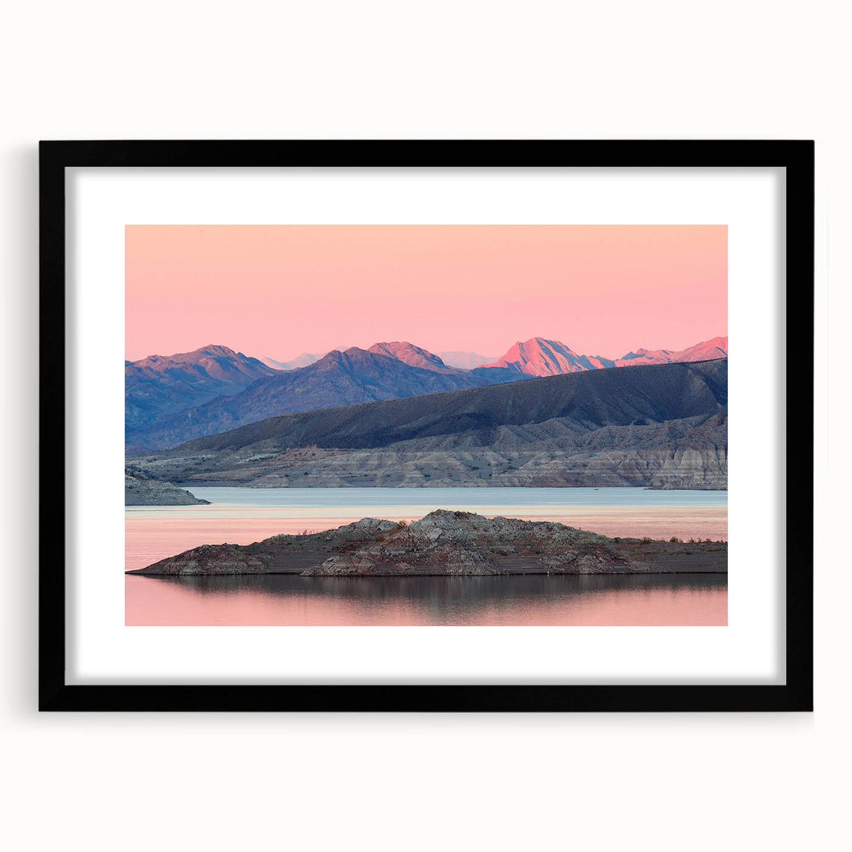 Extra large, colorful abstract art print of Lake Mead with vibrant blue and green hues on a textured canvas, framed in black.