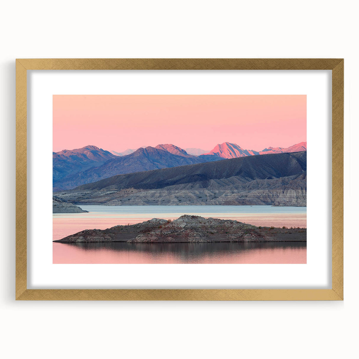 Extra large abstract art print of Lake Mead in textured shades of blue and gray, framed in gold.