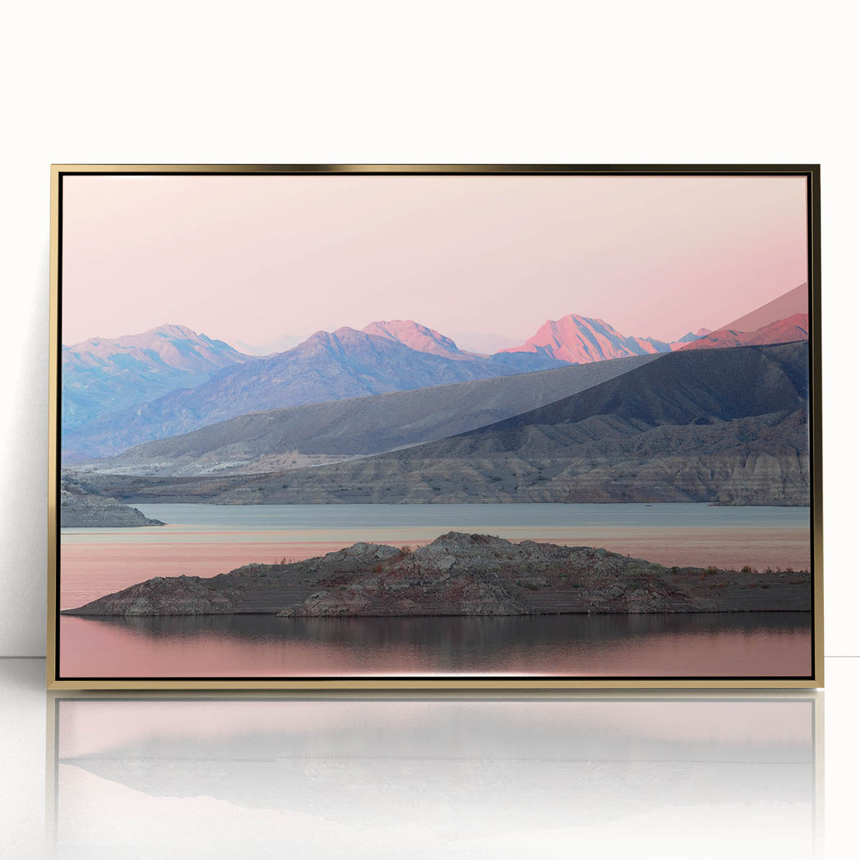 Framed acrylic print of Lake Mead with muted blue and tan palette in a mid-century modernist style.