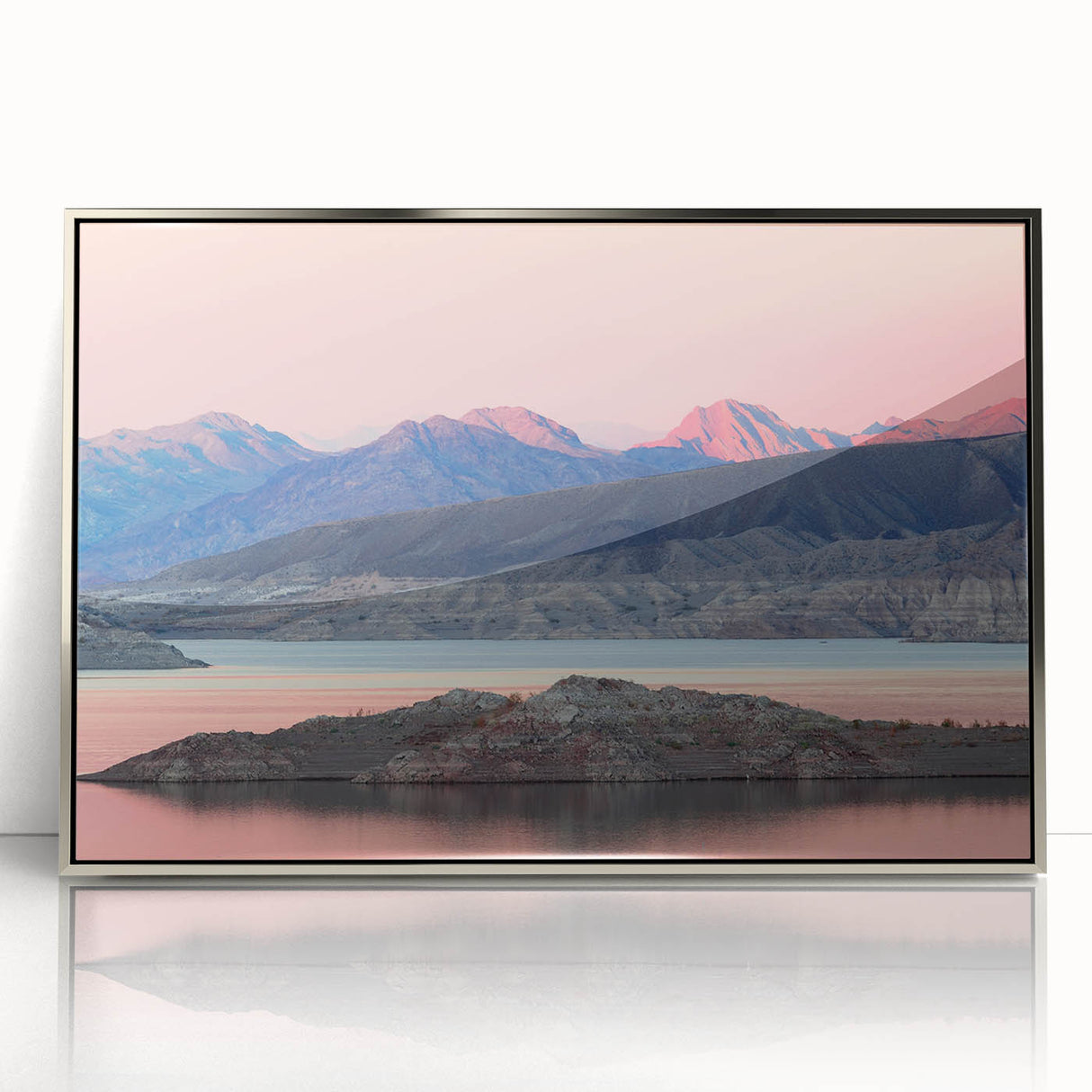 Mid-century modernist art depicting Lake Mead, Nevada, in muted blues and grays, framed acrylic print.