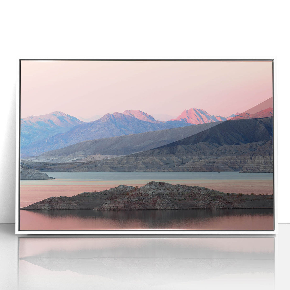 Framed acrylic print of Lake Mead with subtle art deco influences, featuring soft blue and gray tones.
